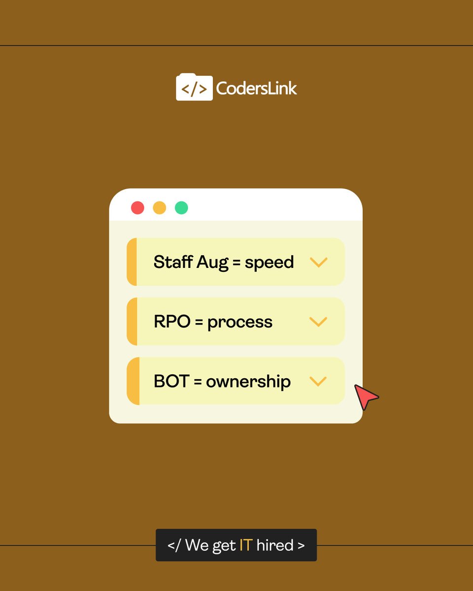 hirecoderslink's tweet image. One size doesn’t fit all — and hiring shouldn’t either. 🧠

⚙️Staff Aug = Speed 
🚀 RPO = Process 
🔄 BOT = Ownership 

💼CodersLink adapts each model to your growth stage, giving you flexibility, compliance, and control.