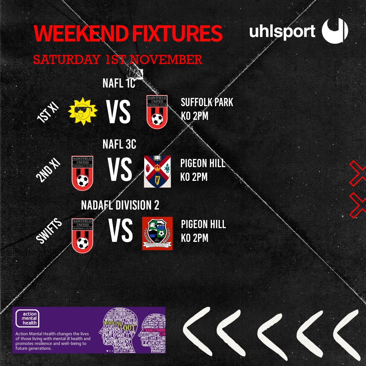 🔴⚫️ WEEKEND FIXTURES ⚫️🔴

Saturday 1st November

🏆 NAFL 1C
🔴 Suffolk vs 1st XI
📍 Suffolk Park
⏰ KO 2PM

🏆 NAFL 3C
🔴 2nd XI vs Queens Grads II
📍 Pigeon Hill
⏰ KO 2PM

🏆 NADAFL Division 2
🔴 Swifts vs Dundrum United II
📍 Pigeon Hill
⏰ KO 2PM