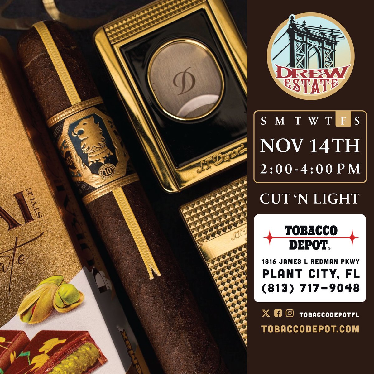 tobacco depot plant city 🔥 Drew Estate Cut 'N Light! Join us at Tobacco Depot Plant City on Friday,  November 14th, from 2–4 PM for an afternoon of exceptional cigars, bold  flavors, and great company. Experience