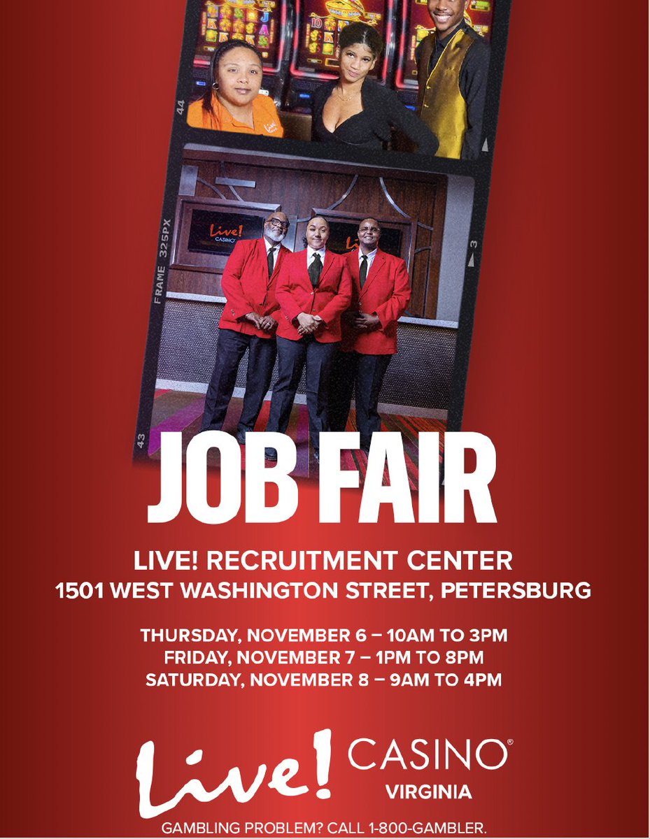 🎰 Live! Casino  Virginia is coming to #PetersburgVA — and hiring now! Join the Job Fair for roles at the temp casino to open in early 2026:
✅ Walk in
✅ Apply
✅ Interview
✅ Get hired on the spot!

Be part of this exciting new investment!

#LiveCasinoVirginia #Jobs