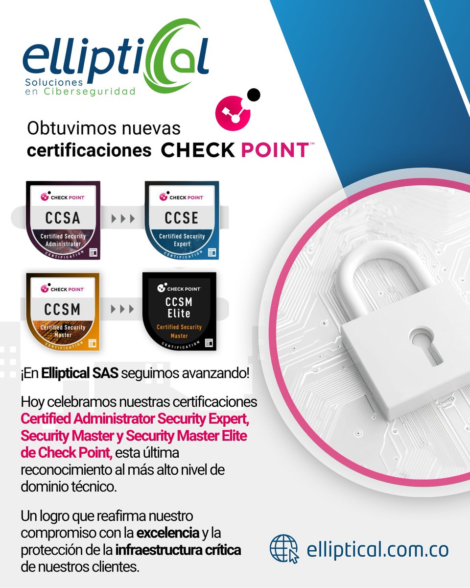 EllipticalSAS's tweet image. ¡Seguimos subiendo de nivel! 💪🔐 Obtuvimos nuevas certificaciones @CheckPointSW, incluyendo la prestigiosa #CCSM Elite, un reconocimiento al más alto dominio técnico en ciberseguridad. 
Cada logro refuerza nuestra misión! 

#Elliptical #Ciberseguridad #CheckPoint #Excelencia