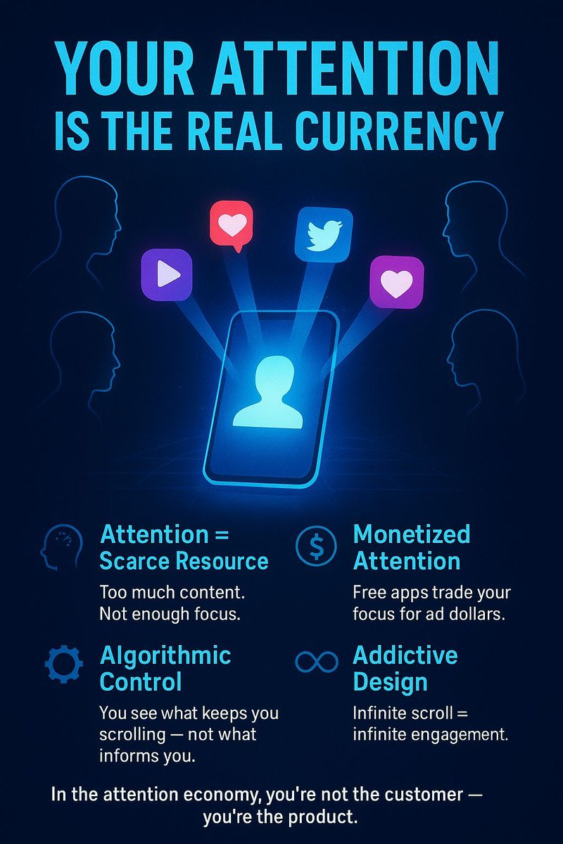 pragatisinsuman's tweet image. In today’s #AttentionEconomy, your focus is the most valuable currency. Free apps aren’t really free; they trade your attention for ad dollars.
Infinite scroll, notifications, #algorithms — all built to keep you hooked.
Your time is their #profit. Spend it wisely.
#SocialMedia