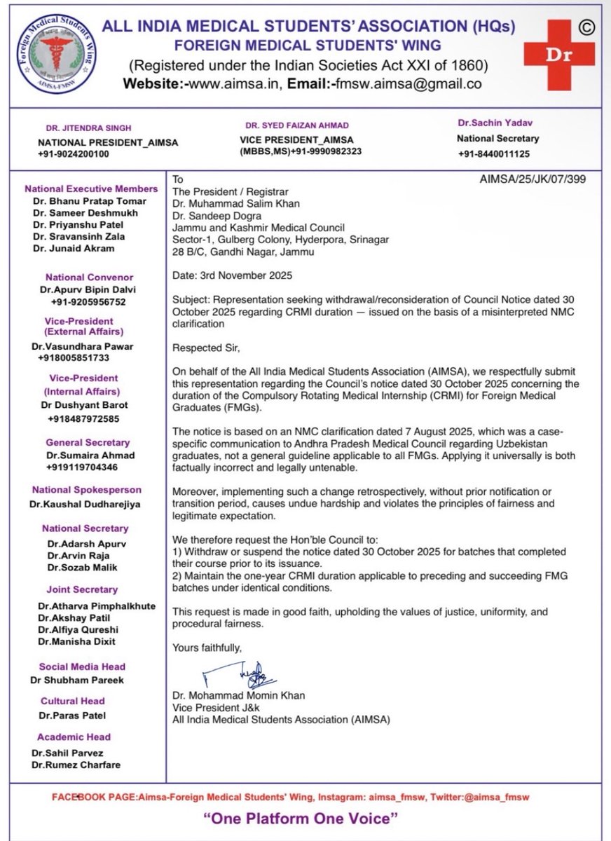 DrMohammadMomin's tweet photo. AIMSA J&amp;K Vice President Raises Concern Over JK Medical Council Notice on CRMI Duration https://t.co/PBiWD8C2We