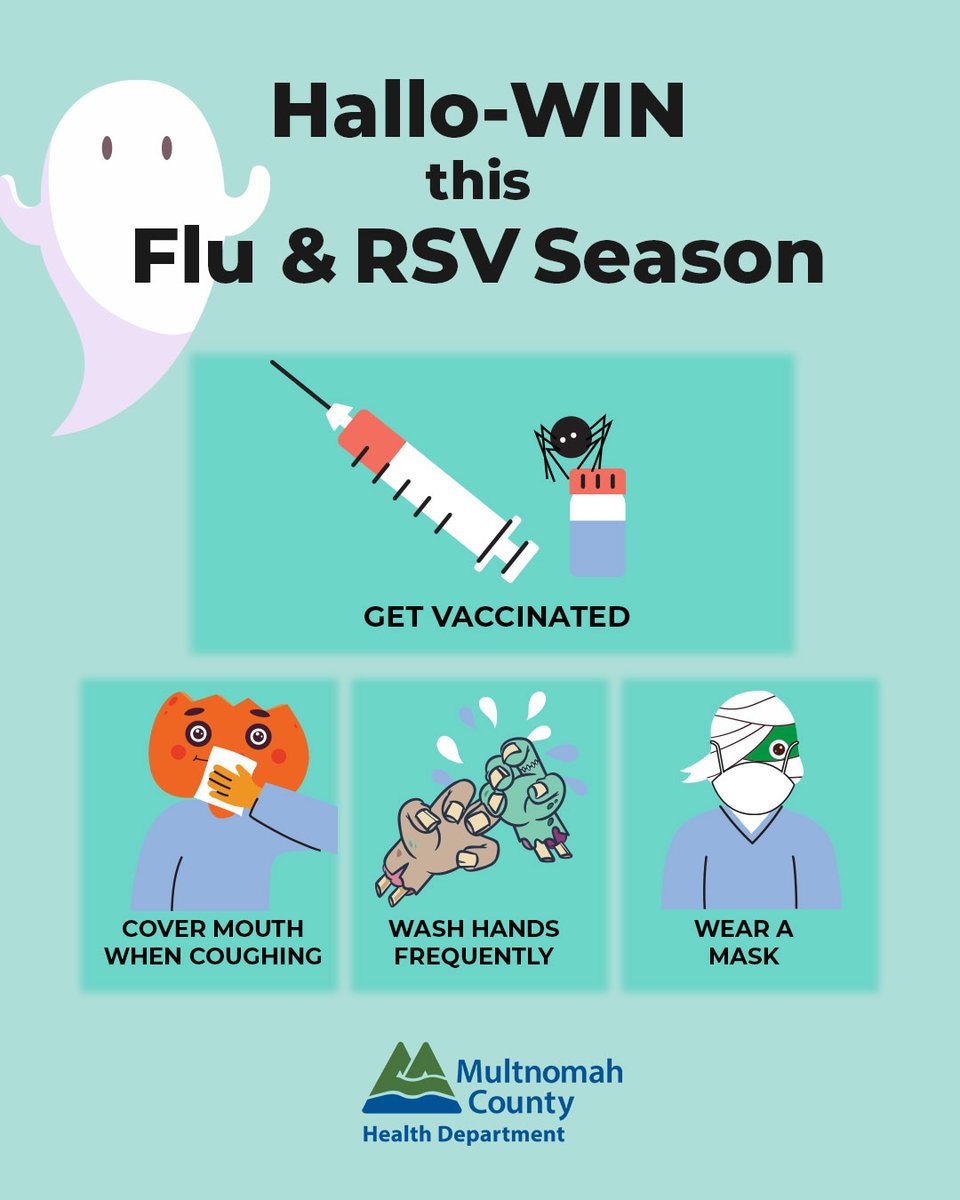 👻While Halloween is the time to eat, drink, &amp; be scary, it's also flu &amp; RSV season, &amp; typically when we see a rise in Covid. Wash your hands &amp; wear a mask in crowds. The flu &amp; RSV vaccines reduce the risk of illness &amp; protect our most vulnerable citizens from getting infected.