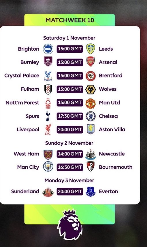EPL matches  for week 10.