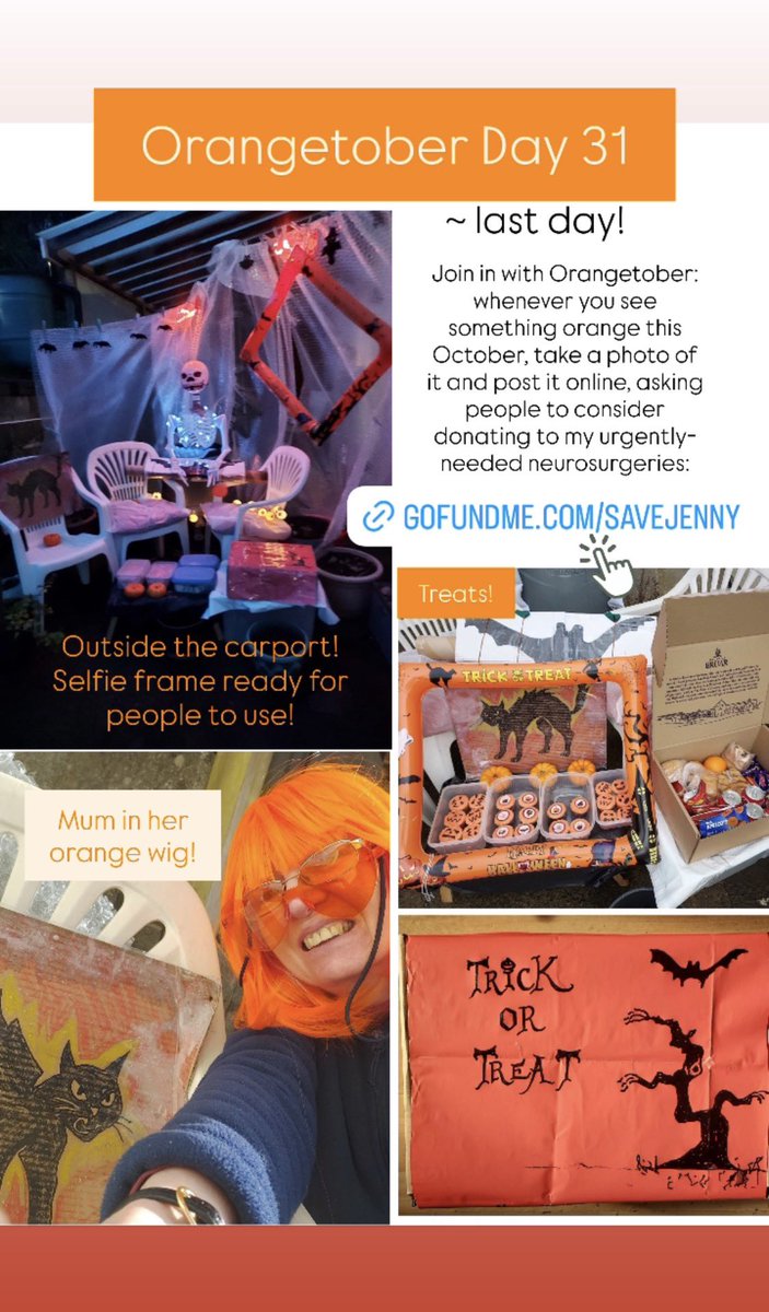 Orangetober Day 31: FINAL DAY of Orangetober! We made it 🎉! It’s been a strain but very proud of what’s been accomplished. Mum has made an amazing tableau outside for people to take selfies in.

It’s all been in aid of my lifesaving neurosurgeries: gofundme.com/savejenny

🧡🧡