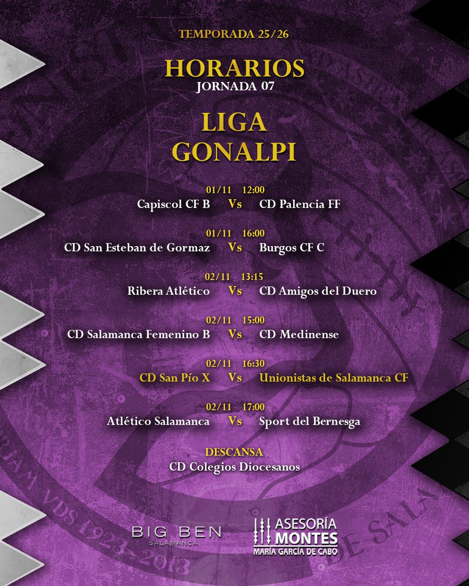 🏆 Este fin de semana se disputará la septima jornada de liga GONALPI.

👉 Mañana se jugarán dos encuentros. 

📅 El domingo se disputan el resto de partidos, incluido el de Unionistas Femenino ante San Pío X. 

📌 Descansa: CD Colegios Diocesanos

#Irreductibles ⚔️⚪⚫🟣