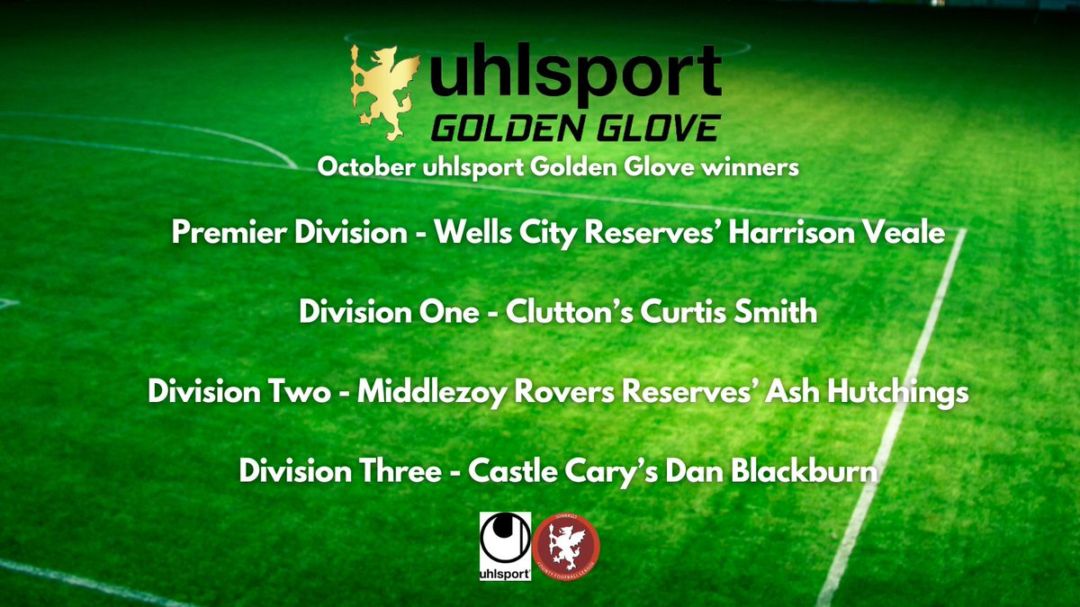 GOLDEN GLOVE WINNERS ANNOUNCED!

A massive congrats to the winners of the October Golden Glove award below, who all win a pair of quality <a href="/uhlsportUK/">uhlsport UK & IRE</a> gloves! 

<a href="/WellsCityRes/">Wells City Reserves</a> Harrison Veale
<a href="/uptheswans/">Clutton FC</a> Curtis Smith
<a href="/middlezoyrovers/">Middlezoy Rovers FC</a> Res Ash Hutchings
<a href="/castlecaryafc/">Castle Cary FC</a> Dan Blackburn