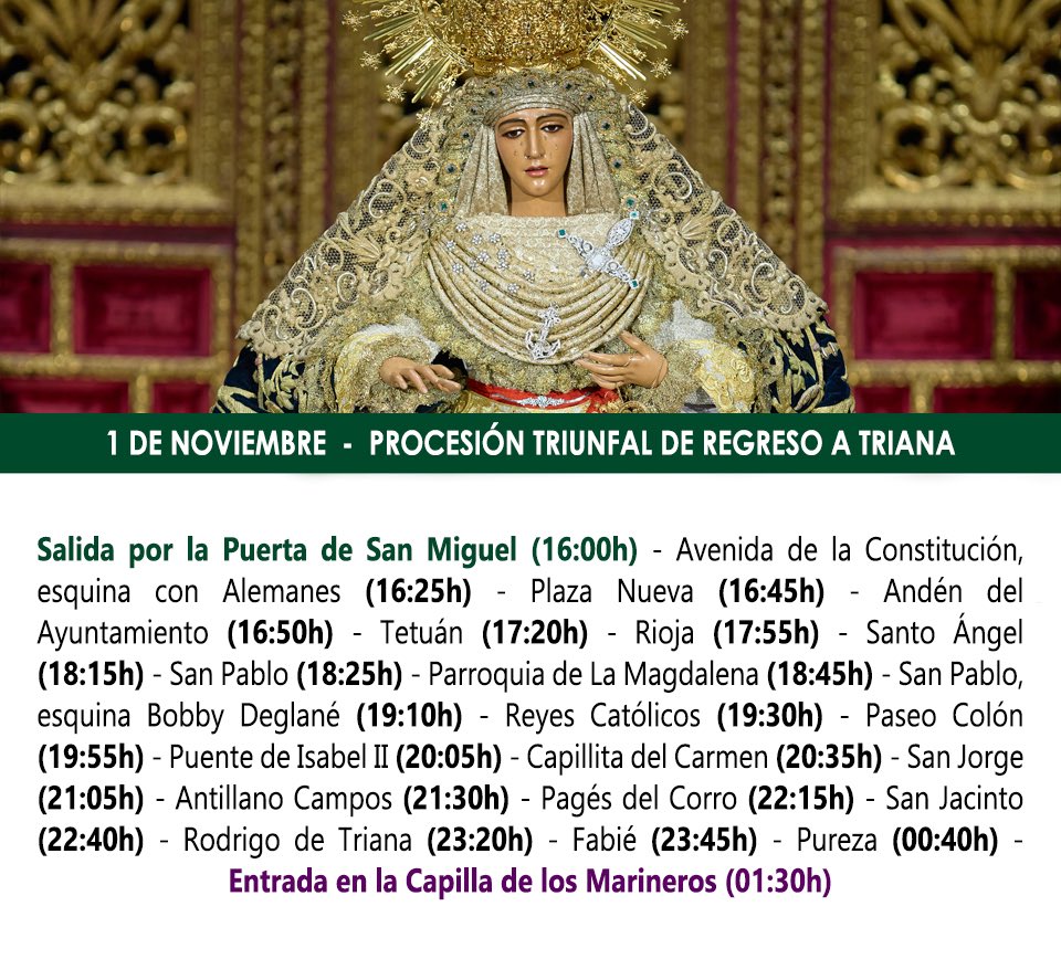 Horario e itinerario de la procesión triunfal de Nuestra Señora de la Esperanza como culminación de la Misión Evangelizadora y en conmemoración del LXXV Aniversario de la proclamación del Dogma de la Asunción de la Santísima Virgen en cuerpo y alma a los Cielos