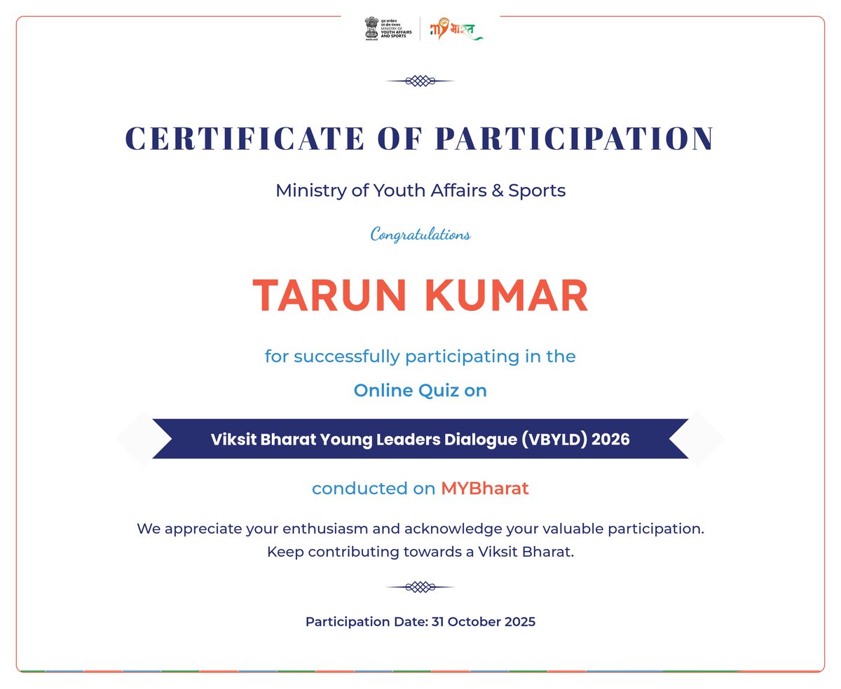 🎉 Honoured to receive the Certificate of Participation from the Ministry of Youth Affairs &amp; Sports for the Viksit Bharat Young Leaders Dialogue (VBYLD) 2026 Quiz on MY Bharat. 🇮🇳
Proud to be part of the journey toward a #ViksitBharat! ✨

#MYBharat #VBYLD2026 #YouthForNation