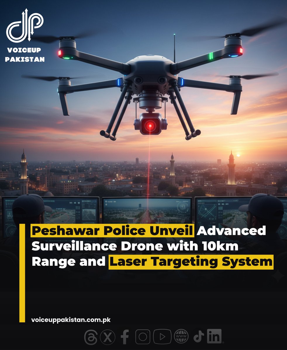 VoiceupPakistan's tweet image. In a major step toward modern policing and public safety, the Peshawar Police have developed a cutting-edge surveillance drone capable of operating within a 10-kilometer range.

#PeshawarPolice #TechForSafety #SurveillanceDrone #SmartPolicing #InnovationInSecurity #KPKPolice