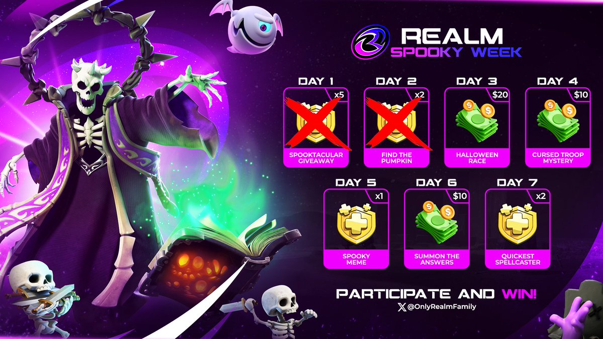 🏁 REALM SPOOKY WEEK – DAY 3 🏁

Event: 🎃 Halloween Race
Prize: 💰 $20 for the ultimate winner!

The Pumpkin King has fled deeper into the night… 🌒
He’s left behind a trail of cursed challenges — daring only the boldest warriors to chase him through the shadows. 🕸️

Welcome to