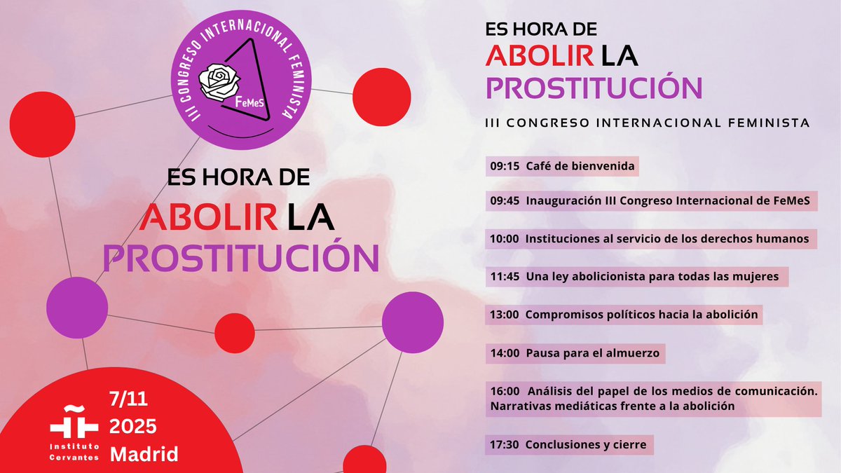 Queremos una ley abolicionista que proteja todas las mujeres #EsHoraDeAbolirLaProstitucion
Ven el 7/11 al III Congreso Feminista de FeMeS y escucha los compromisos de instituciones, partidos, sindicatos, opinión y medios
🗣Participa, haz que tu voz cuente docs.google.com/forms/d/e/1FAI…