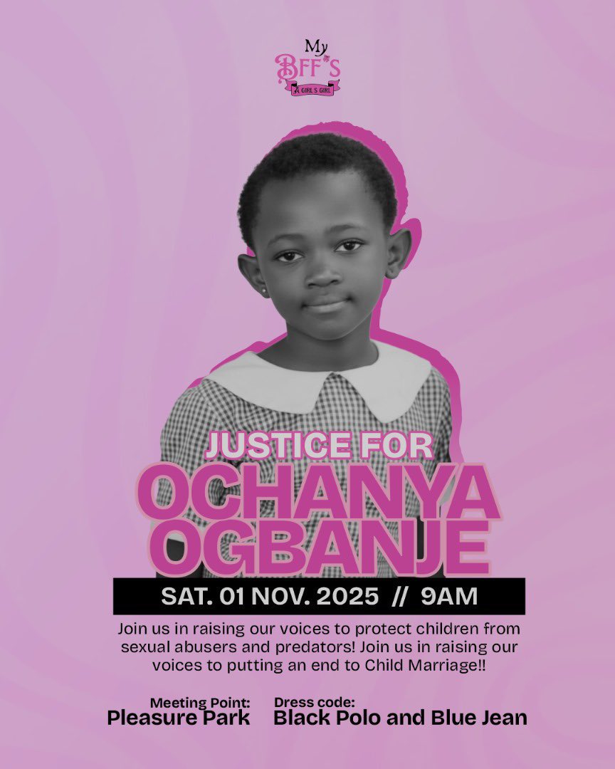 Tomorrow there’d be a walk for JUSTICE and I urge everyone of us in portharcourt to be a part of this movement for Ochanya!!! ✊🏾✊🏾
#JusticeforOchanya

Kick-off point is pleasure park
Time is 9AM Prompt