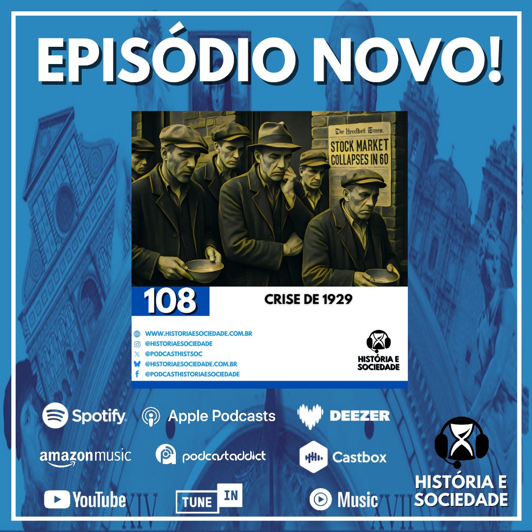 Saiu episódio novo! Nele, os historiadores Sérgio Amaral e Vinícius Oriques (<a href="/ViniciusOBS/">Historiador de Taubaté 🇧🇷</a>) falam da Crise de 1929 e a Grande Depressão durante o período entreguerras.

Escolha por onde ouvir em: historiaesociedade.com.br/links

Ou escute pelo Spotify em: open.spotify.com/episode/3k1Whk…