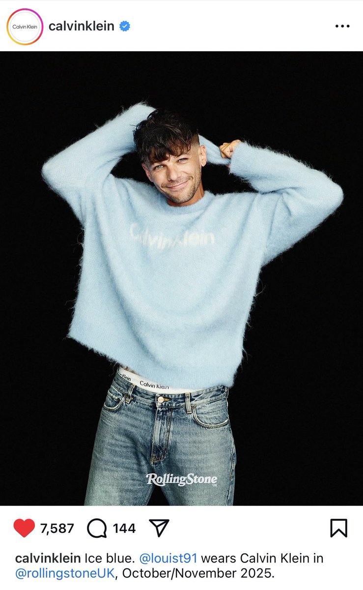 .<a href="/CalvinKlein/">calvinklein</a> have posted Louis Tomlinson’s Cover Image for <a href="/RollingStoneUK/">Rolling Stone UK</a> to their Instagram. 🩵

“Ice Blue. Louis Tomlinson wears Calvin Klein in Rolling Stone UK, October/November 2025.

Seen in the Brushed Alpaca Wool Blend Logo Sweater and Icon Cotton Stretch Boxer Briefs.”