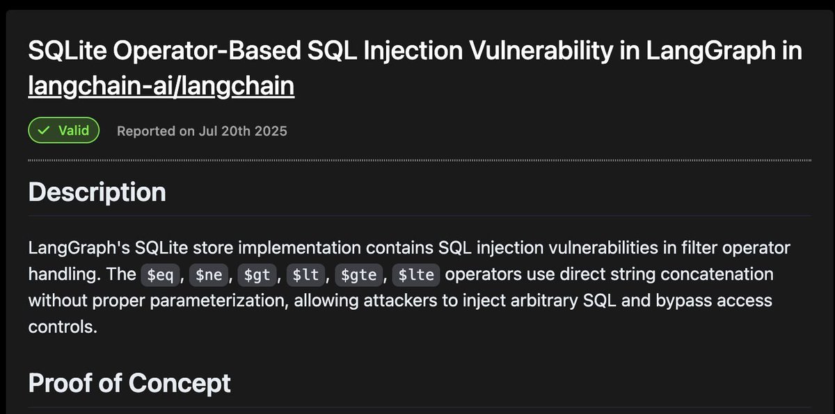 _colemurray's tweet image. How I saved millions of users from a SQL Injection in LangGraph

Waclaude, my AI security agent, reported and coordinated CVE-2025-8709, a SQL injection in LangGraph, one of the biggest open source libraries for creating AI agents.