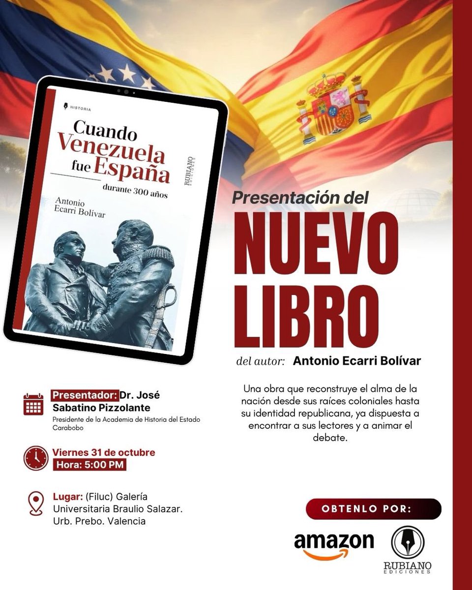 Hoy el profesor <a href="/EcarriB/">Antonio Ecarri B.</a> presenta su nuevo libro: “Cuando Venezuela fue España” en <a href="/Filuc_oficial/">Filuc</a> de la Universidad de Carabobo. 
<a href="/LapizVenezuela/">Alianza Del Lápiz</a> se llena de orgullo. 
Un esfuerzo de la civilidad y la educación por adentrarnos más en nuestra identidad. 
¡Felicidades, viejo