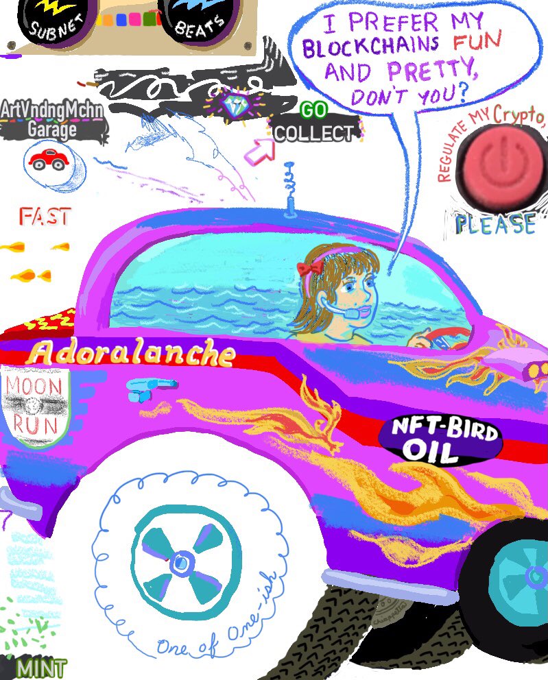 joeychips's tweet image. Sometimes a blockchain is so fun, cute and pretty that you just have to have it. Fundamentals don&apos;t matter; vibes matter. And later, that’s how you crash… driving the Astonishing Adoralanche Automobile!

Digital handmade drawing with photo element by Joe Chiappetta 2025…