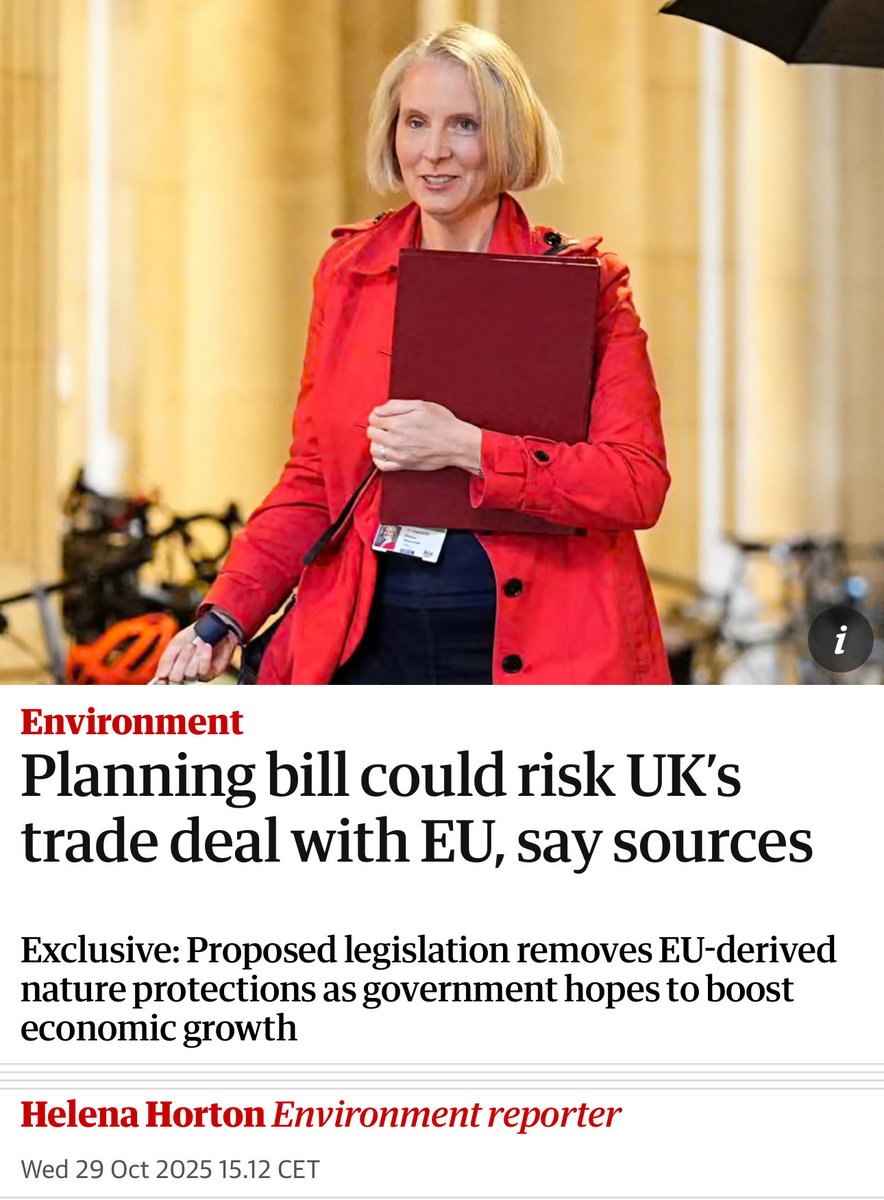 ⚠️ The Govt are blindfolding the public as they push us into a trade war.

Keir Starmer’s Planning and Infrastructure Bill rips up EU-level nature protections, breaking the level playing field rules that underpin our trade deal with Europe.

Brussels has already warned the UK
