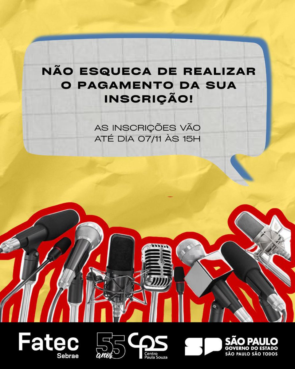FatecSebrae's tweet photo. 🚨 Lembrete rápido: quem se inscreveu no vestibular da Fatec Sebrae precisa pagar o boleto pra confirmar a inscrição!

Prazo final: 07/11, às 15h
Link: https://t.co/FwbmLqhnza

#FatecSebrae #VestibularFatec #Educação #FatecSP https://t.co/DJTEANHEi0