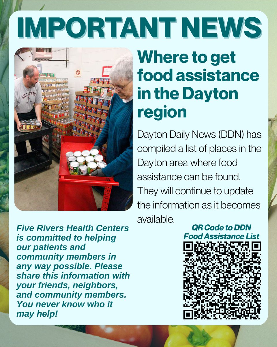 IMPORTANT COMMUNITY NEWS:
Dayton Daily News (DDN) has put together a list of places within the Dayton area where food assistance can be found. The list covers many different cities throughout the Dayton region including Kettering, Moraine, Miamisburg, Centerville, Xenia, and many