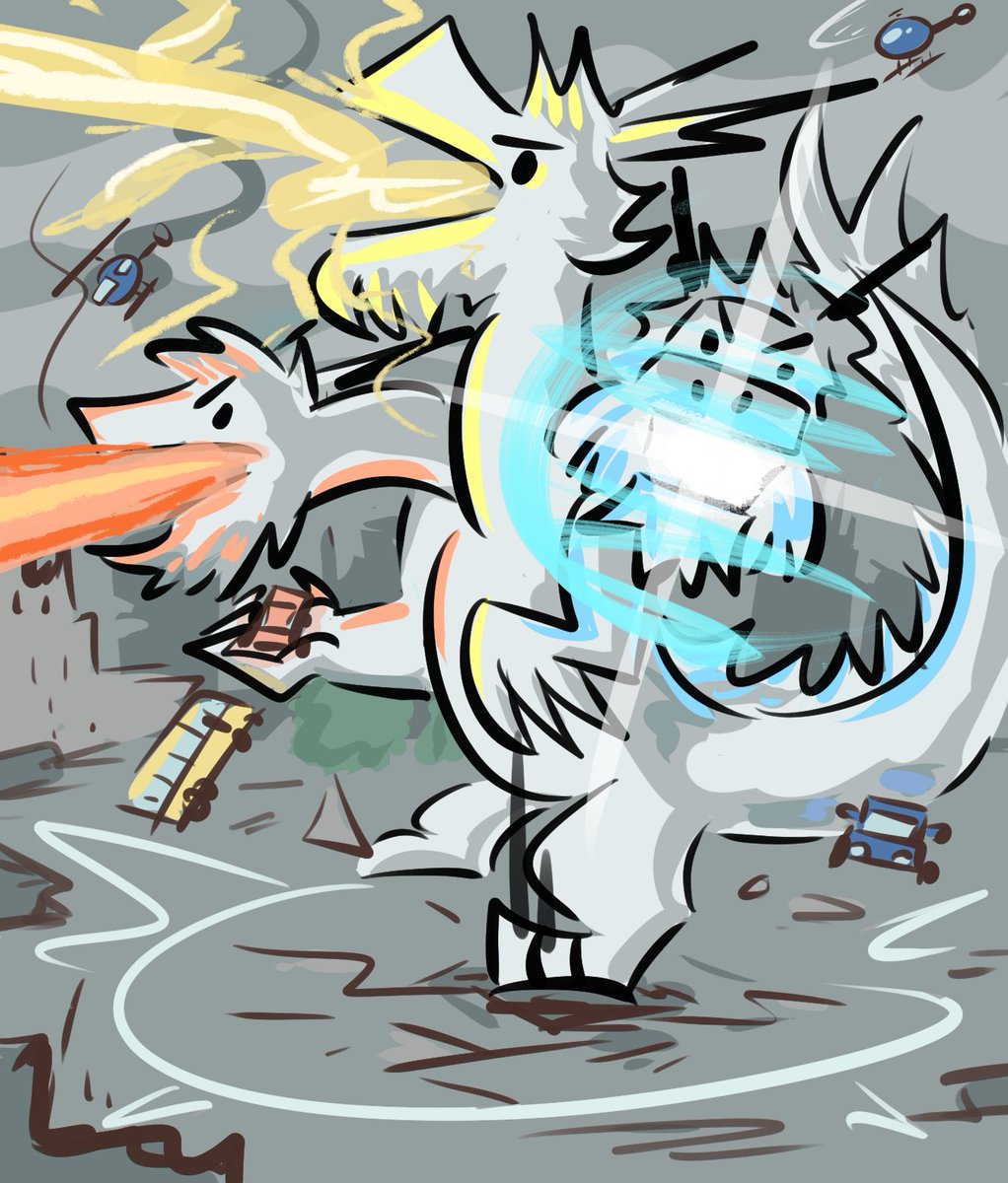 space_salaman's tweet image. prism space dragon kaiju feral form - isn't it fun to destroy stuff sometimes! 🔥⚡️❄️ #kaiju #kingghidorah #hydra #dragons