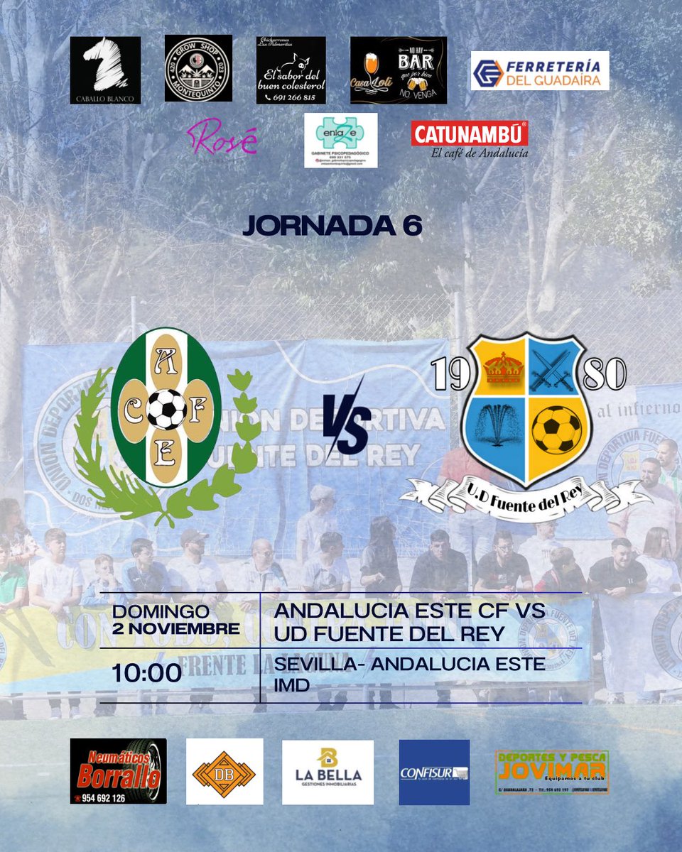🔥 ¡Nueva jornada!
Este domingo visitamos a Andalucía Este CF en busca de tres puntos más 💪⚽
📅 Domingo 2 de noviembre
🕦 10:00 h
📍 Sevilla – IMD Andalucía Este

¡Vamos, Fuente del Rey! 💙💛
#UDFuentedelRey #Jornada6 #FútbolAndaluz