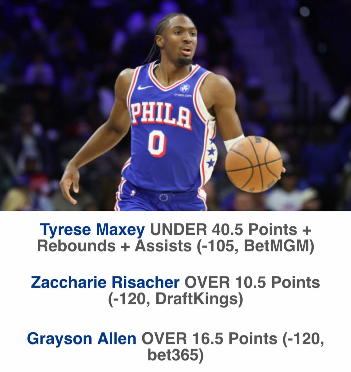The <a href="/CommishFilmRoom/">The Commish</a> shares his favorite props for Friday's NBA slate

• Tyrese Maxey UNDER 40.5 Points + Rebounds + Assists
• Zaccharie Risacher OVER 10.5 Points
• Grayson Allen OVER 16.5 Points

🏀 NBA Player Props: rotogrinders.com/articles/nba-p…