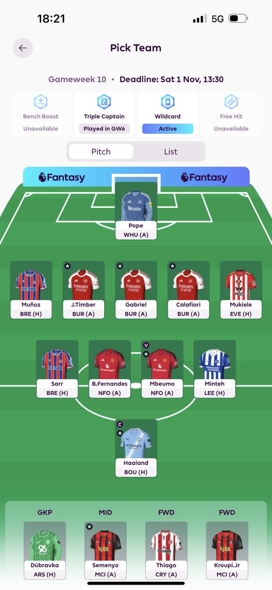 GW10 Wildcard 🔥 ✨ 

Triple Arsenal defence 🧱 
Double Palace attack 🔥 
Double Manchester United attack ⚽️ 
The games changing 😎

HWG 

#FPLCommunity #fpl #FantasyFootball