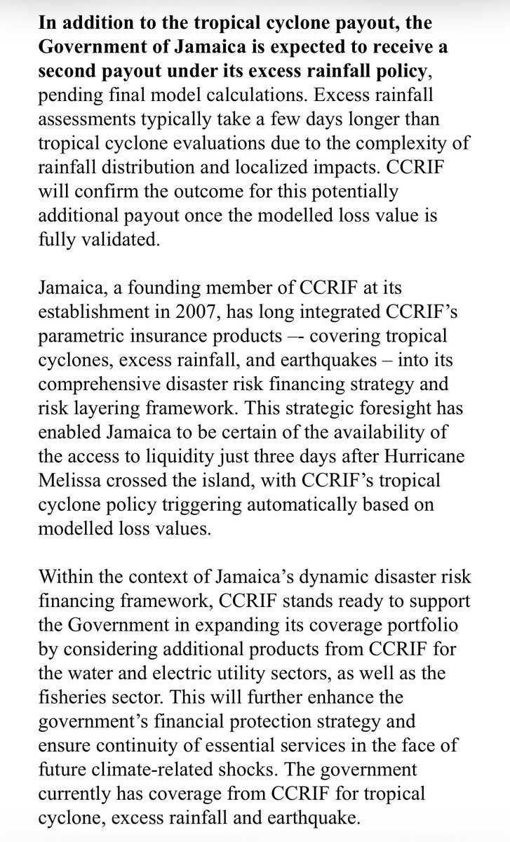 CCRIF SPC announced that it will make a payout of US$70.8 million to the Government of Jamaica following the passage of Hurricane #Melissa. 

This marks the largest single payout in CCRIF’s history, for Jamaica’s tropical cyclone and excess rainfall policies.