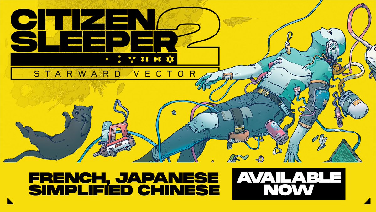 CitizenSleeper's tweet image. Citizen Sleeper 2: Starward Vector is now playable in French, Japanese, &amp;amp; Chinese!  

It's on sale on every platform too! 🚀

Steam: bit.ly/CS2Steam
Nintendo Switch: bit.ly/CS2NOA
PlayStation 5: bit.ly/CS2PlayStation
Xbox Series X|S: bit.ly/CS2Xbox