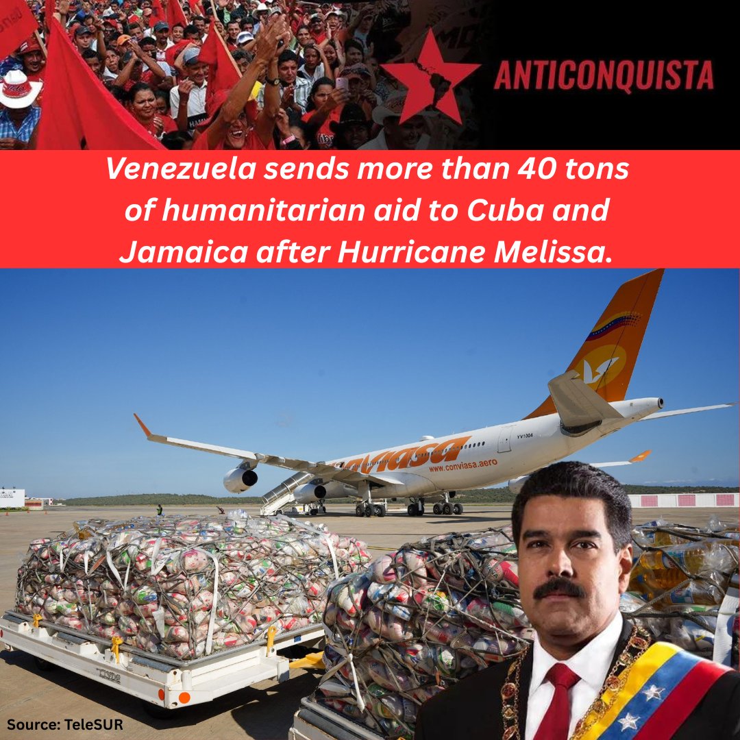 🔥 Venezuela delivers 40 tons of humnitarian aid to Cuba and Jamaica after Hurricane Melissa.

This is Bolivarianism in action!!!

#venezuela #cuba #jamaica #globalsouth

telesurenglish.net/venezuela-send…