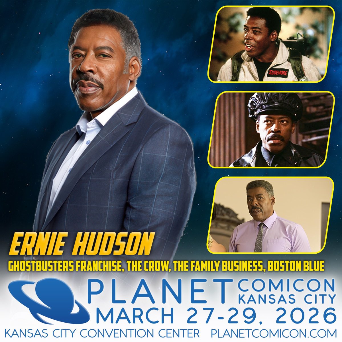 👻He ain’t afraid of no ghosts! Ernie Hudson, an original Ghostbuster, will be at Planet Comicon Kansas City, March 27-29, 2026! He joins us all 3 days.

📸Get your photo taken with Ernie in his screen used ghostbuster uniform: checkout.conventions.leapevent.tech/eh/Planet_Comi…

🎟️planetcomicon.com