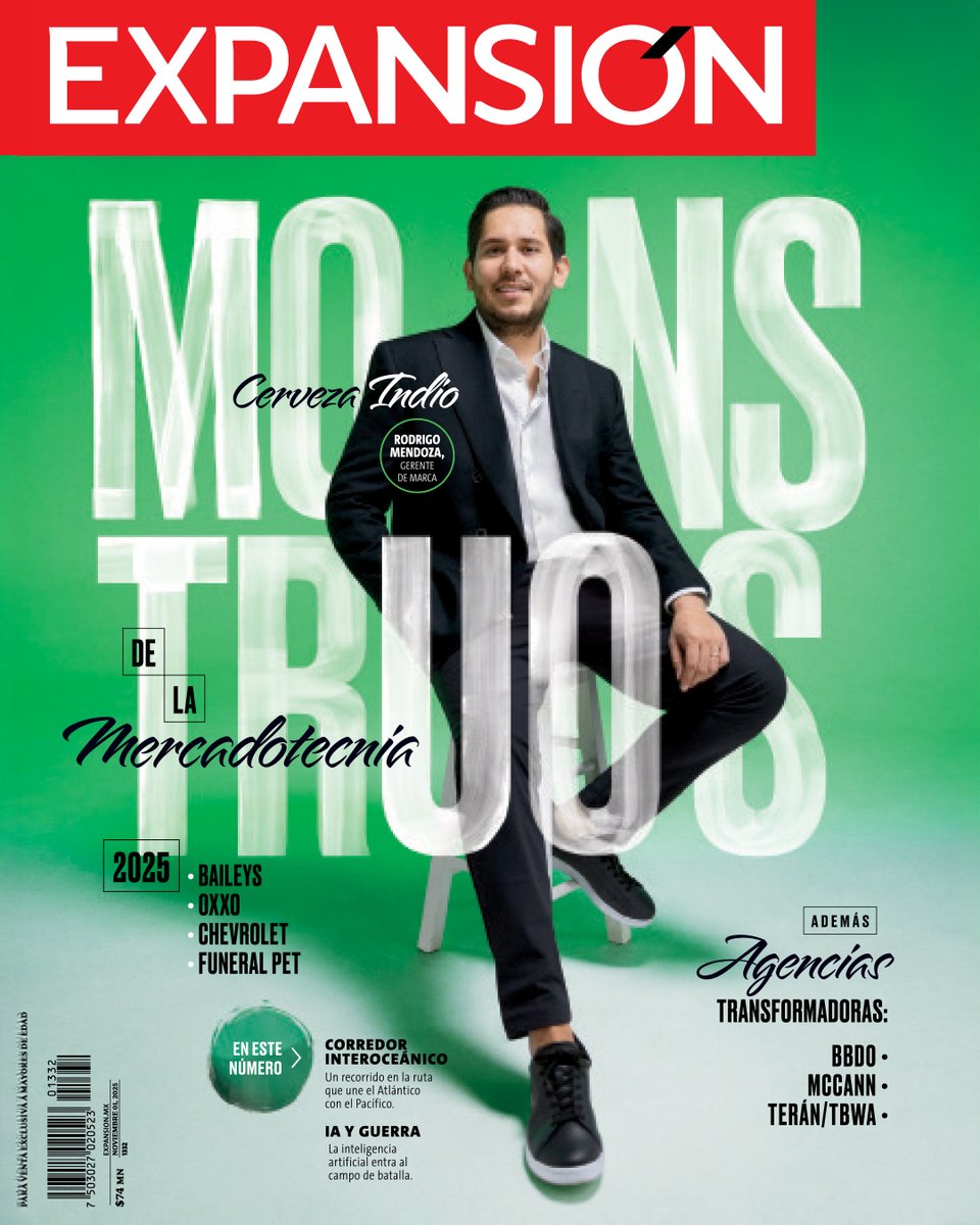 ExpansionMx's tweet photo. ✨ ¡Ya está aquí! La edición de noviembre con nuestro especial Monstruos de la Mercadotecnia y Agencias Transformadoras.

En este número encontrarás al ganador Monstruo de la Mercadotecnia y a los ganadores por categoría:

🏆 Ganador: @cervezaindio 
🌈 Diversidad e Inclusión: @cervezaindio
💬 Impacto social: @cervezaindio
🤝 Economía Colaborativa: @baileys_mx 
🎡 Marketing de Experiencia: @Tiendas_OXXO 
🚗 Lanzamiento de Marca: @ChevroletMexico 
🐾 Pequeños gigantes (PYMES): @funeralpetmx 

Ganadores de Agencias Transformadoras:

🏆 Ganadora: @BBDOmx 
🤝 Mención: @McCannMexico 
🤝 Mención: @TeranTBWA 

💼 Además:

✔ Corredor Interoceánico: un recorrido por la ruta que une el Atlántico con el Pacífico.
✔ IA y Guerra: la inteligencia artificial entra al campo de batalla.

📰 Disponible ya en nuestra edición digital.

#RevistaExpansiónNoviembre2025