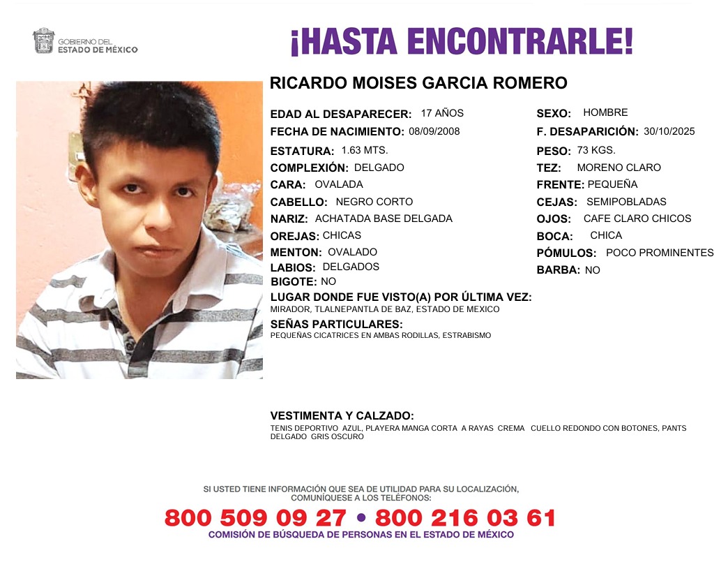Solicitamos de tu apoyo en difusión para dar pronta localización a Ricardo Moisés García Romero, comunícate a los teléfonos de COBUPEM 800 216 0361, 800 509 0927. #todosenlabúsqueda