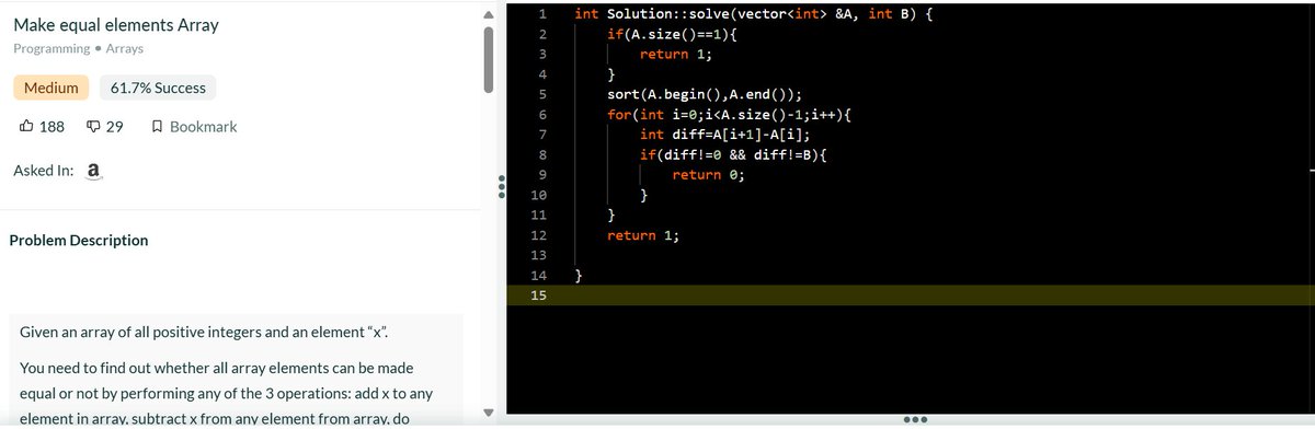 imshaurya04's tweet image. Problem to make equal element array solved!!
#interviewbit #cpp #100DaysOfCode #tech #arrayoperations