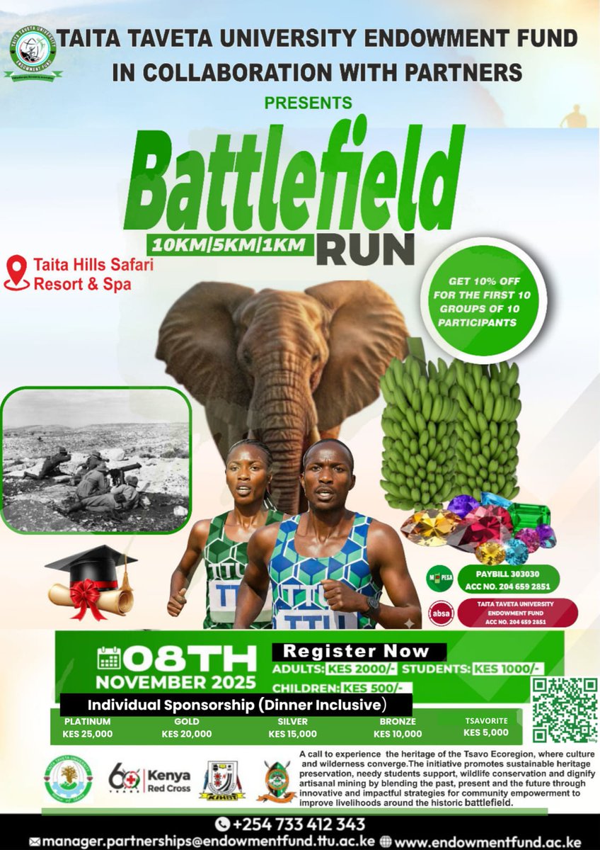 🏃‍♂️ BATTLEFIELD RUN 2025 — AT A GLANCE! 🏃‍♀️
8th November 2025 <a href="/Taita/">taita</a> Hills Safari Resort &amp; Spa
10KM | 5KM | 1KM (Family Fun Run). Let us support needy students’ education | Improve livelihoods | Empower communities
<a href="/TTUProjects/">TTU Projects</a>
 👉 Register now: forms.gle/Keb38PNujx9sT3…