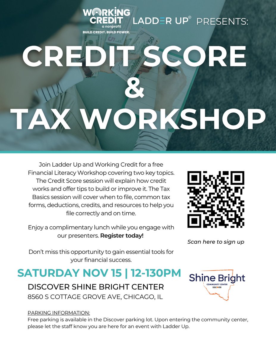 LadderUp's tweet image. Join us at The Discover ShineBright Center (8560 S Cottage Grove, Chicago) for a day of financial wellness &amp;amp; empowerment! 💳 Credit &amp;amp; tax workshops, 🎓 expert sessions, 🥗 free lunch &amp;amp; more. Learn, connect &amp;amp; grow! 📲 Scan the QR to RSVP.