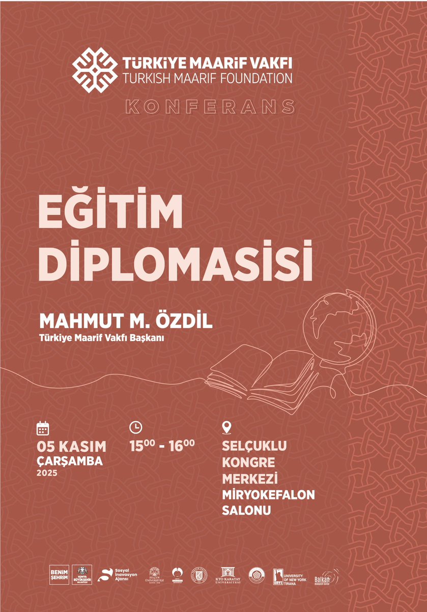 Red-toned vertical poster with white and gold text announcing the Egitim Diplomasisi conference by Mahmut M. Ozdil from Turkiye Maarif Vakfi on November 5 at 15:00-16:00 in Selcuklu Kongre Merkezi Miryokefalon Salonu featuring the foundations logo a globe and open book icons and geometric border designs.