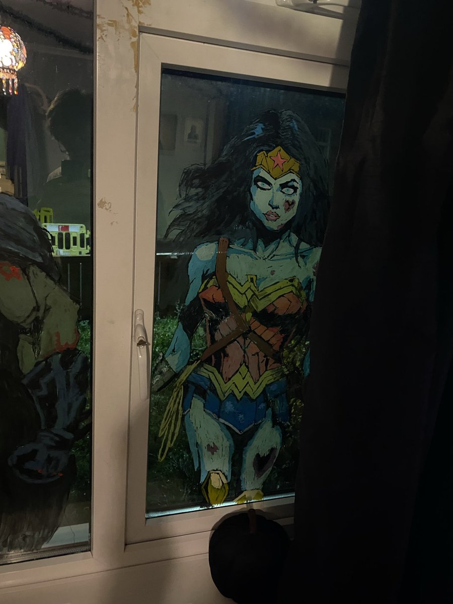 elvisshield1's tweet photo. This years Halloween effort, no carving this year just painting. #Halloween #Marvel #DC #Zombie #MarvelRivals #painting #pumpkins #windowart https://t.co/6DvLb6TlFl