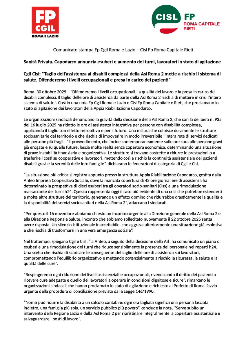 #SanitàPrivata. #Capodarco annuncia #esuberi e aumento #turni, #lavoratori in stato di #agitazione. Cgil #Cisl: “Taglio assistenza disabili complessi #AslRoma2 mette a rischio sistema di #salute. Difenderemo livelli occupazionali e presa in carico dei #pazienti”

#ilmiolavorovale