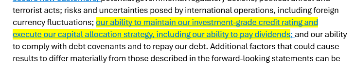 Fading $LYB here.  I suspect this new added language in the forward-looking statements of their Q3 earnings release *may* be previewing a dividend cut next week.  
(not financial advice, do your own DD, etc.)