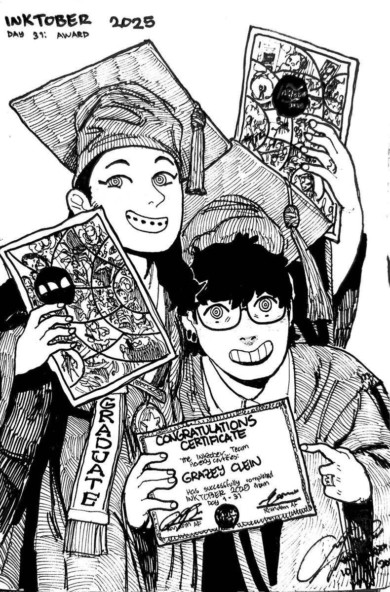 GrazeyClein's tweet photo. INKTOBER 2025 DAY 31: Award
#inktober #inktober2025 #inktoberday31 #inktoberaward

AND IT'S A WRAP!! INKTOBER 2025 FINALLY COMPLETE!! 

Thanks for being my subject in all of these, it's been really fun and challenging, It's a nice shift from what i usually do. https://t.co/1YXZmMZaae