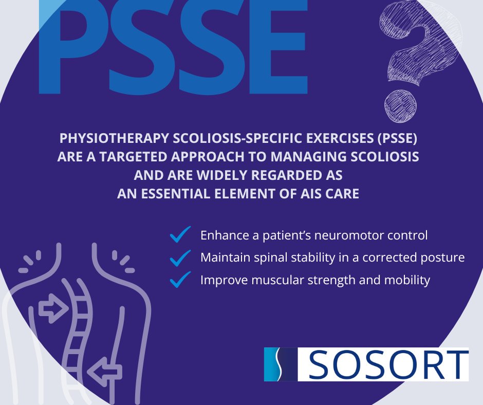 SOSORTintl's tweet image. What is PSSE? 
Physiotherapy Scoliosis Specific Exercises can:
-enhance motor control
-maintain spinal stability
-improve strength and mobility

#sosort #sosort2026 #scoliosisbrace #conservativescoliosiscare #psse #scoliosiseducation #scoliosisawareness   #raiseawareness