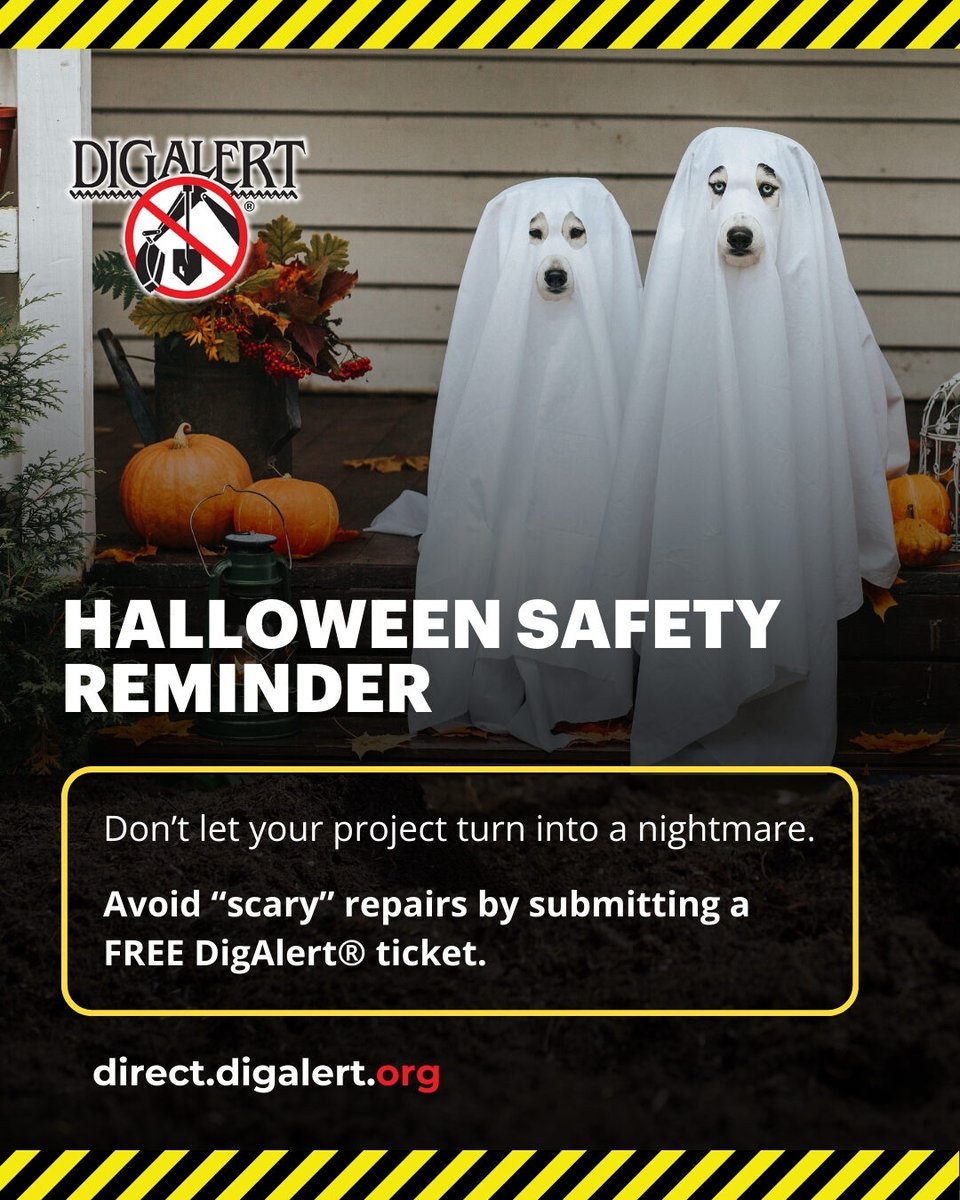 DigAlert's tweet image. 🎃 Halloween safety reminder:
Don’t let your project turn into a nightmare.
Avoid “scary” repairs by submitting a FREE DigAlert® ticket: direct.digalert.org
#HalloweenSafety #811Awareness #DamagePrevention