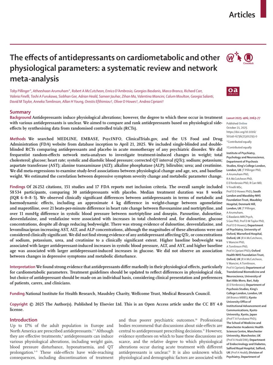 Antidepressants show distinct physiological effects. Meta-analysis of 151 RCTs (58,534 pts):
Nortriptyline and doxepin increase BP and HR.
Paroxetine, duloxetine, venlafaxine, and desvenlafaxine raise cholesterol and glucose.
Duloxetine and desvenlafaxine elevate liver enzymes.