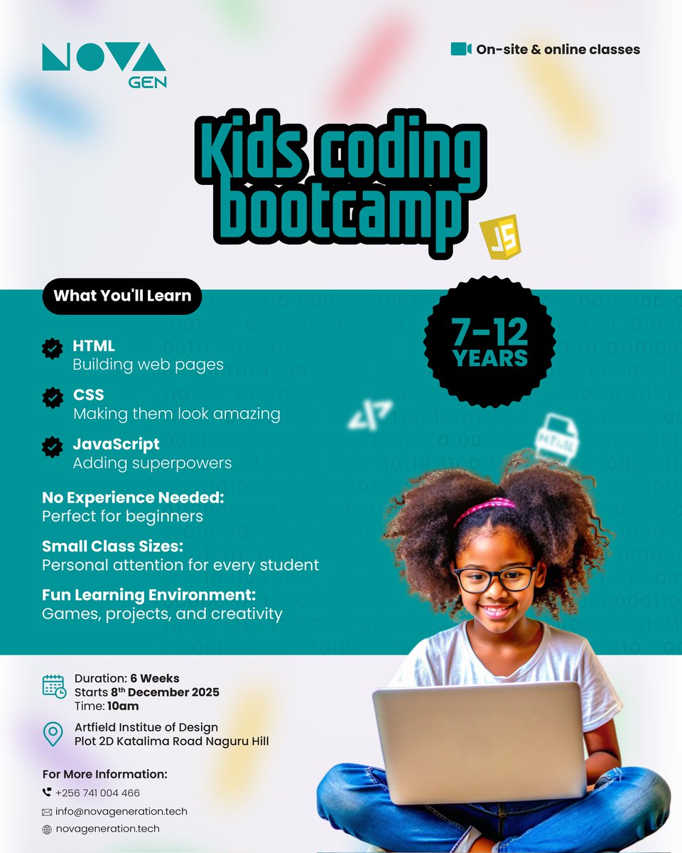 NovaGenUG's tweet image. Turn your ideas into code!
Join the Teens Coding Bootcamp this December and learn how to build real web applications using HTML, CSS, and JavaScript.
6 weeks of hands-on learning, mentorship, and portfolio building.
 
Starts 8th December 2025  
Venue: Artfield Institute of…