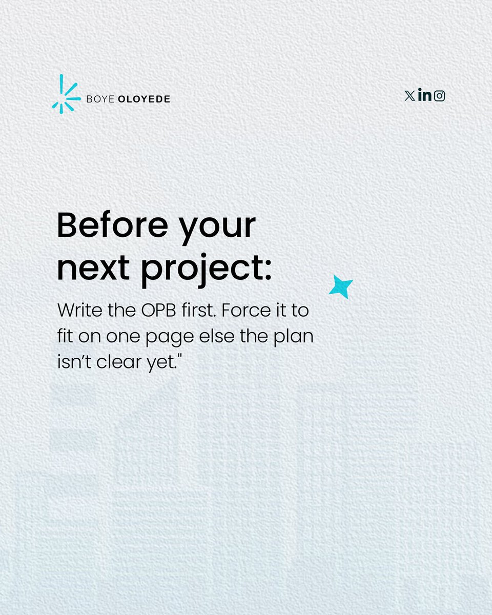 BoyeOloyede's tweet photo. 2/2

It’s not just for documentation’s sake; it’s direction on a page.

Use it to start fast, steer weekly, and decide calmly under pressure.

Try this: For your next initiative, draft the OPB before you assign a single task. If it doesn’t fit on one page, refine it until it does https://t.co/OnmEguEaP9