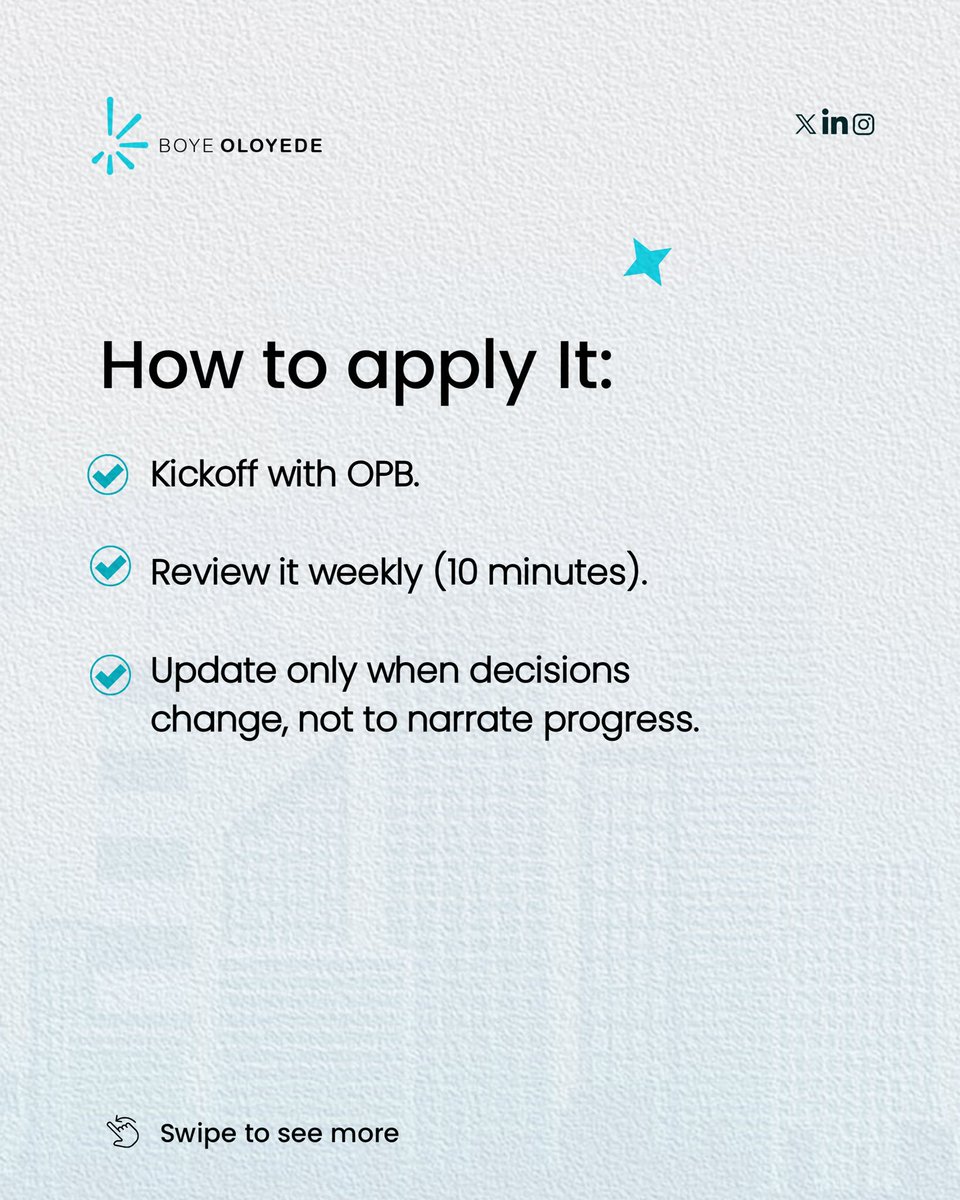 BoyeOloyede's tweet photo. 2/2

It’s not just for documentation’s sake; it’s direction on a page.

Use it to start fast, steer weekly, and decide calmly under pressure.

Try this: For your next initiative, draft the OPB before you assign a single task. If it doesn’t fit on one page, refine it until it does https://t.co/OnmEguEaP9